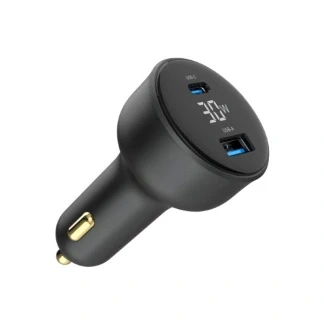 Afbeelding van 2 poorts USB auto snellader, Type C PD, LCD, 30 W, zwart