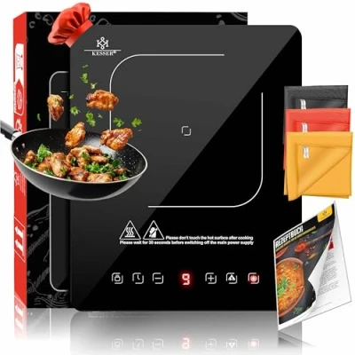Afbeelding van KESSER® inductiekookplaat, 1 kookplaat, 2100 W, draagbaar, 28 cm + 3 x microvezeldoek receptenboek, 9 warmtestanden, timer 8 uur, touch bediening, boosterfunctie 220 240 V