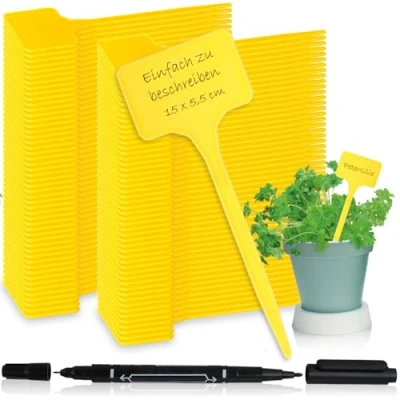 Afbeelding van COM FOUR® 100 x plantenetiketten met dubbele punt steeketiketten plantendoppen kweekstoppen voor bedden 15 cm (100 stuks geel cm)
