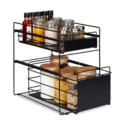 Afbeelding van Relaxdays keuken organizer zwart opbergrek 2 etages metalen keukenrek lades aanrecht