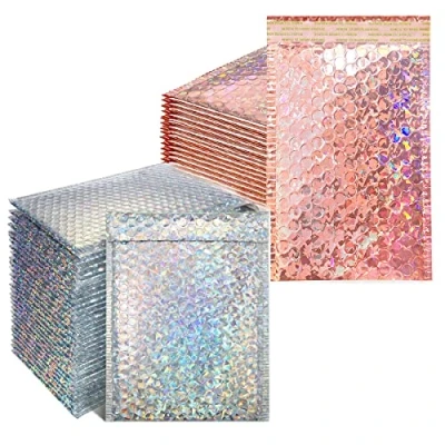 Afbeelding van RoadLoo Luchtkussenenveloppen, 40 stuks, gevoerde enveloppen, holografische kussenenveloppen, metallic, zeepbellenenveloppen, gewatteerde verzendzakjes