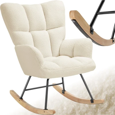 Afbeelding van tectake® Schommelstoel Torve Gestoffeerde Bouclé Stof in Scandi Stijl Relaxstoel met Houten Glijders, Zachte Bekleding en Hoge Rugleuning voor Optimaal Comfort 70 x 96 97 cm Beige