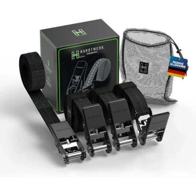 Afbeelding van Hardtwerk® Set van 4 spanbanden met ratel, 6 m, greepkracht 1000 kg, TÜV en GS gecertificeerd, veelzijdige ratelriemen voor professioneel gebruik, aanhanger, bagage