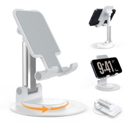 Afbeelding van BHHB Verstelbare telefoonhouder Opvouwbare standaard In hoogte en hoek verstelbaar Draaibare basis Compatibel met mobiele telefoons tablets van 4 tot 13 inch Wit
