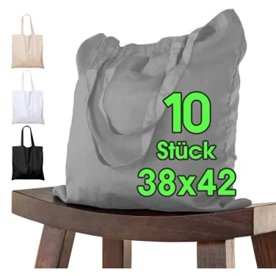 Afbeelding van Katoenen tassen, onbedrukt, schoudertas, canvas, boodschappentassen, geruit, Öko Tex®, boodschappentas, linnen tas, 10 stuks, 38 x 42 cm, grijs