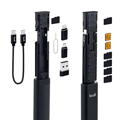 Afbeelding van Mcbazel BUDI 9 IN 1 multifunctionele reisdatakabel simkaart opslagstick, compacte datalijn, USB SD Card Storage Case met Type C oplaadadapter Micro kabel