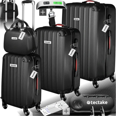 Afbeelding van tectake® 4 delige reiskofferset inclusief koffertrolley en bagageweger, 360 wielen, harde koffer met cijferslot, grote koffer, stapelbaar, trolley handbagage zwart