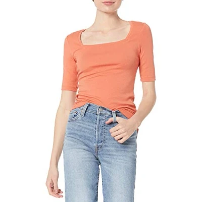 Image de Amazon Essentials T Shirt Ajusté à Manches Mi Longues et Col Carré Women&#039;s, Orange Rouille, S