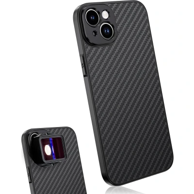 Afbeelding van MOJOGEAR 17mm lens case voor iPhone 15 Plus — Schroefdraad macrolens, telelens, anamorphic of DOF adapter Stevig hoesje Carbon Zwart