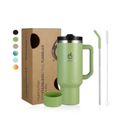 Afbeelding van hydro2go® Thermosbeker, 1200 ml, koffiebeker to go, thermobeker met handvat en rietje, reisbeker autobeker, voor warme koude dranken, groene thee, ml