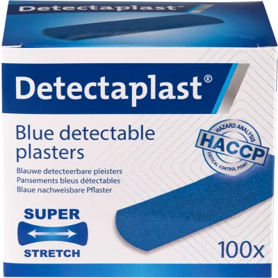 Afbeelding van Detectaplast blauwe pleisters Elastic, metaaldetecteerbare en flexibele sensitive, wondverzorging voor de voedingsindustrie, catering grootkeuken, 25 x 72 mm, 100 stuks