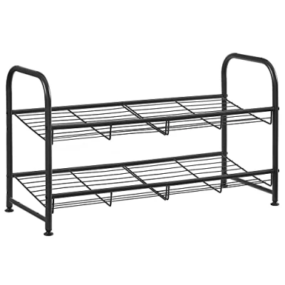 Afbeelding van SONGMICS Schoenenkast met 2 niveaus, stapelbaar, tot 8 paar, van metaal, 68,5 x 27,5 37 cm, voor hoge hakken, sneakers, pantoffels, in de ingang, zwart LMR065B01