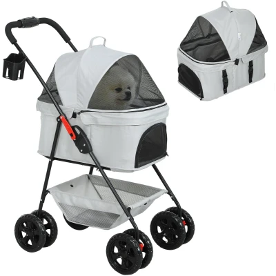 Afbeelding van PawHut Poussette 3 en 1 pliable pour chien et chat, pliable, sac de transport avec porte gobelet, roues à 360 , mini chiens moins 4 kg, gris clair