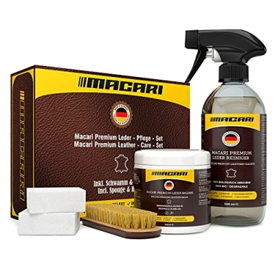 Afbeelding van Macari 500 ml leerverzorgingsbalsem + reiniger 2 sponzen hoogwaardige leerborstel leerreinigingsset bijenwas voor leren bank, meubels, jas, kleding, handtas, schoenen, zadel en