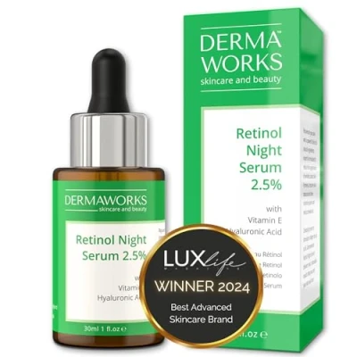 Afbeelding van Dermaworks Retinol serum met hoge sterkte + hyaluronzuur, aloë vera vitamine E en huidverzorging tegen veroudering