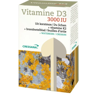 Afbeelding van Cressana vitamine D3 3000IU/75mcg &amp; K2 Vegetarische uit korstmos met Extra brandnetelblad om de gewrichten soepel te houden 60 capsules