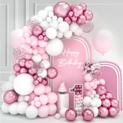 Afbeelding van roze ballonnenboogset, 102 stuks, verjaardagsballonnen, en wit, pastelballon, heliumballon voor verjaardag, decoratie, doop, meisjes, bruiloft, feest, babyshower decoraties