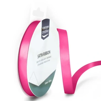Afbeelding van Vaessen Creative Satijnen lint, roze, 100 m x 9 mm, bolduc, naaibies, voor cadeau, verpakking, bruiloftsboeket, haar en ballon