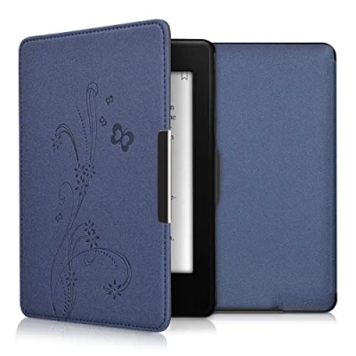 Afbeelding van kwmobile E reader hoesje geschikt voor Amazon Kindle Paperwhite hoes flip case met magnetische sluiting Ereader cover Stengels en Vlinder design in donkerblauw