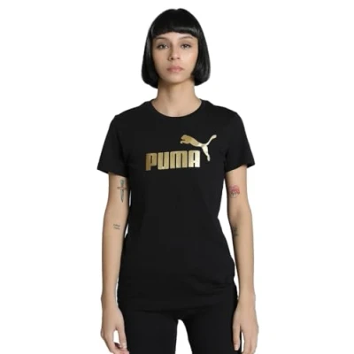 Afbeelding van ESS METALLIC No. 1 Logo T shirt voor Dames, Zwart/Goud, Maat M PUMA