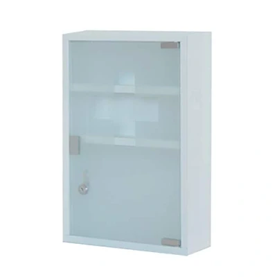 Afbeelding van Style home Medicijnkastje, EHBO kast, afsluitbare huisapotheek, van roestvrij staal, glazen deur met slot, tip on automatisch, 4 vakken (wit, 60 x 30 12 cm)