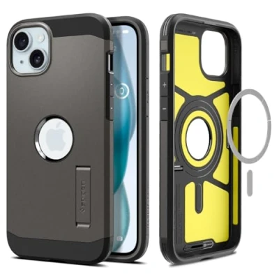 Afbeelding van Spigen Tough Armor Hoesje geschikt voor Apple iPhone 15 Plus Compatible met MagSafe Back Cover Uitklapbare Kick Stand Gunmetal