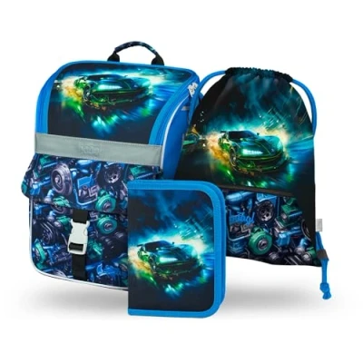 Afbeelding van Baagl Schooltas voor jongens en meisjes, 3 delige set Zippy 1e klas Basisschooltas met borstband Ergonomische schoolrugzak, Racewagen,