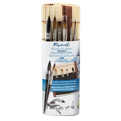 Afbeelding van Set van 6 aquarelpenselen voor op reis, bamboe pincet, meerkleurig