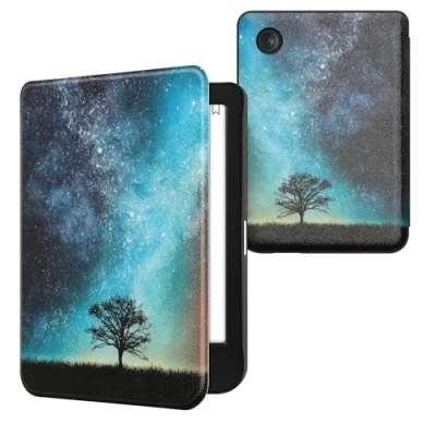 Afbeelding van kwmobile E reader hoesje geschikt voor Kobo Clara BW / Colour hoes flip case met magnetische sluiting Ereader cover Sterrenstelsel en Boom design in blauw grijs zwart