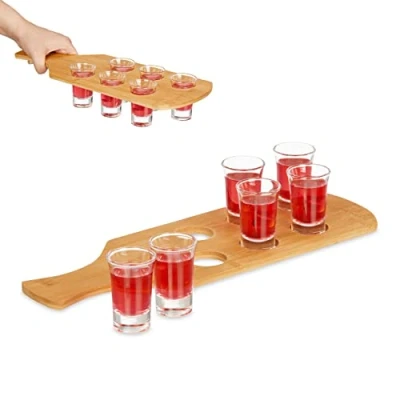 Afbeelding van Relaxdays shotglaasjes set van 6 bamboe houder borrelglazen tequila glazen glas