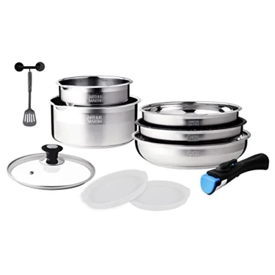 Afbeelding van Arthur Martin AM0025 Kookpannenset, afneembaar, 10 delig, roestvrij staal, steelpan met schenktuit, afneembare handgreep, voor alle warmtebronnen, inclusief inductie