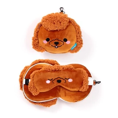 Afbeelding van Relaxeazzz Adoramals Gigi the Toy Poodle Plush Travel Pillow &amp; Eye Mask Nekkussen + Masker Poedel Height 14cm Width 17cm Depth 11cm Open 15 x 28 7cm