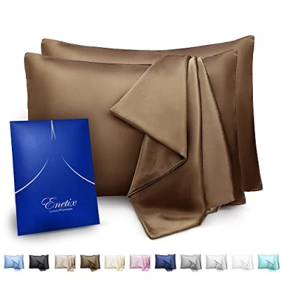 Afbeelding van ENETIX set van 2 zijdesatijnen kussenslopen voor haar en huid, in geschenkverpakking, tegen acne, met verborgen ritssluiting, standaard (50 x 75 cm), koffiekleur