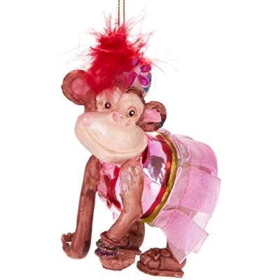 Afbeelding van BRUBAKER Circus Aap met Jurk Handbeschilderde Kerstbal van Glas Handgeblazen Kerstboomversieringen Figuren Grappige Decoratie Hangers Boombal 10 cm
