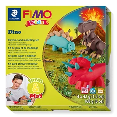 Afbeelding van STAEDTLER Fimo Kids Form&amp;Play Set &quot;De dinosaurussen&quot; 4 verschillende boetseerklei 42 g + 1 modelleergereedschap decor gedetailleerde handleiding 8034 07 LY