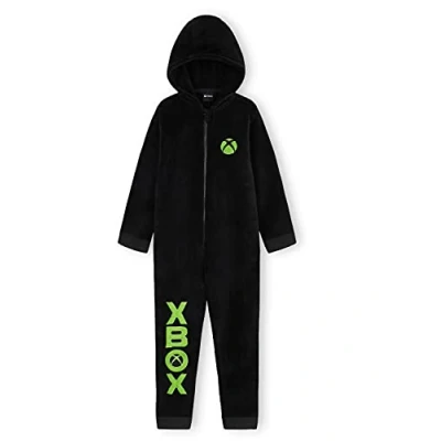 Afbeelding van XBOX Pyjama voor kinderen, jongens, gamer, fleece rompertje kinderen en jongeren, 7 15 jaar, zwart.