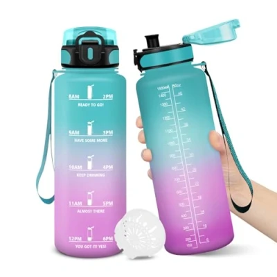 Afbeelding van Gourde, 1500ML Sans BPA, Gourde sport, Conception de Verrouillage Anti Fuite, Bouteille, Avec Horodatage, Bouteille Eau pour École, Yoga, En cours d&#039;exécution, Escalader Des Montagnes VertPoudre