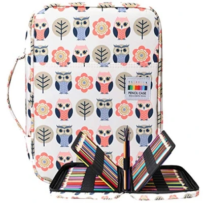 Afbeelding van BOMKEE Kleurrijk etui, 220 sleuven, draagbaar, tekenen, schilderen, tas, waterdicht, meerlaags, voor aquarelpennen, kinderen en volwassenen (uil)