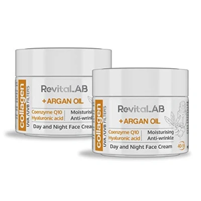 Image de RevitaLAB Crème de jour et nuit au collagène hydratante anti âge, enrichie en acide hyaluronique, coenzyme Q10 filtre à rayons UVA/UVB, pour personnes 40 55 ans, 50 ml (lot)