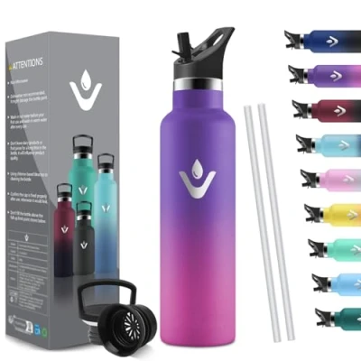Afbeelding van HoneyHolly 750 ml thermosfles, BPA vrij, dubbelwandig, vacuüm, 18/8 roestvrij staal, met rietje, thermosfles voor badkamer