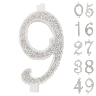 Afbeelding van Grote kaars, 10 cm, verjaardagskaars nummer 9,3D, zilver, glitter, decoratie voor verjaardagstaart, kaarsen bruidstaart
