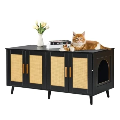 Image de VEVOR Meuble Cache Bac à Litière pour 2 Chats Armoire en Bois Déco Rotin Noir
