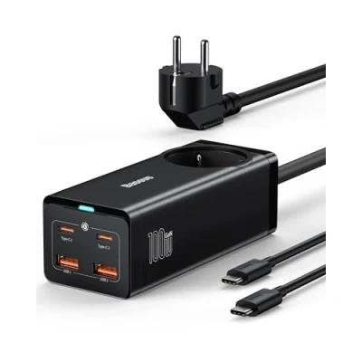 Afbeelding van Baseus GaN3 PowerCombo 100 W USB C oplader met PD meervoudige 1 AC + 4 poorten, GaN voor MacBook Pro/Air, iPad Pro, iPhone 14 Pro/13/12, Galaxy S23, Steam Deck