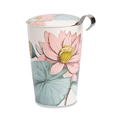 Afbeelding van Eigenart TeaEve Padma theebeker theezeefje theeset porselein dubbelwandig bloemen roze + tea for one set
