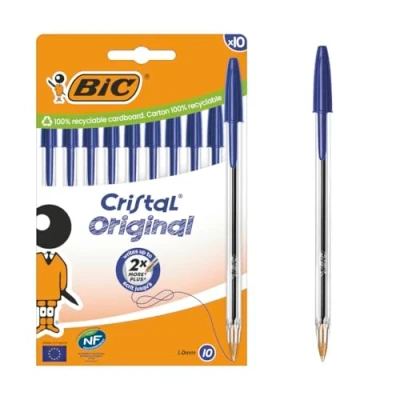 Image de BIC Cristal Original Stylos Bille Pointe Moyenne (1,00 mm) Bleu, Boîte carton de 10