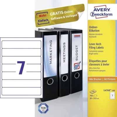 Afbeelding van Avery Zweckform L4760 25 ordnerrugetiketten ft 19,2 x 3,8 cm (b h), 175 etiketten, wit etiket