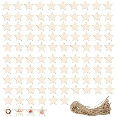 Afbeelding van Belle Vous Decoratieve kerstster van hout, met koord, 100 stuks, decoratie, kerstboom, ruw 4 cm, ster, Kerstmis, hangend voor creatieve hobby&#039;s en kerstdecoraties