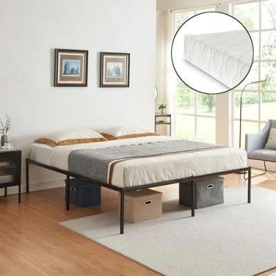 Afbeelding van Metalen bedframe Vårdö 180x200 cm met bedbodem en matras zwart [en.casa] [neu.haus]