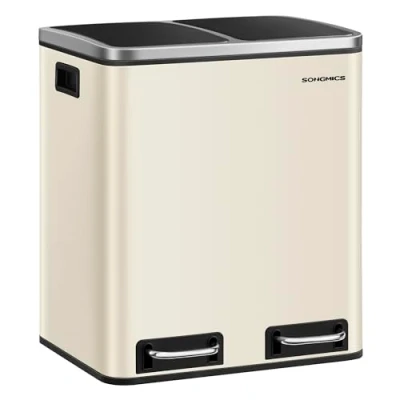 Afbeelding van SONGMICS Keukenafvalbak, 2 x 15 liter, afvalscheidingssysteem, vakken, vuilnisemmer, pedaalemmer, voor gele zak, organisch afval, zand beige inkt, zwart LTB30A02