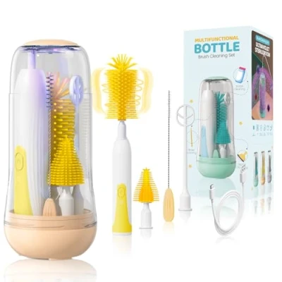 Afbeelding van Orzbow Elektrische flessenborstelset voor baby&#039;s, draagbare borstel met uv sterilisator flessen, melkschuim, rietborstel en tepelborstel, drooghouder geel